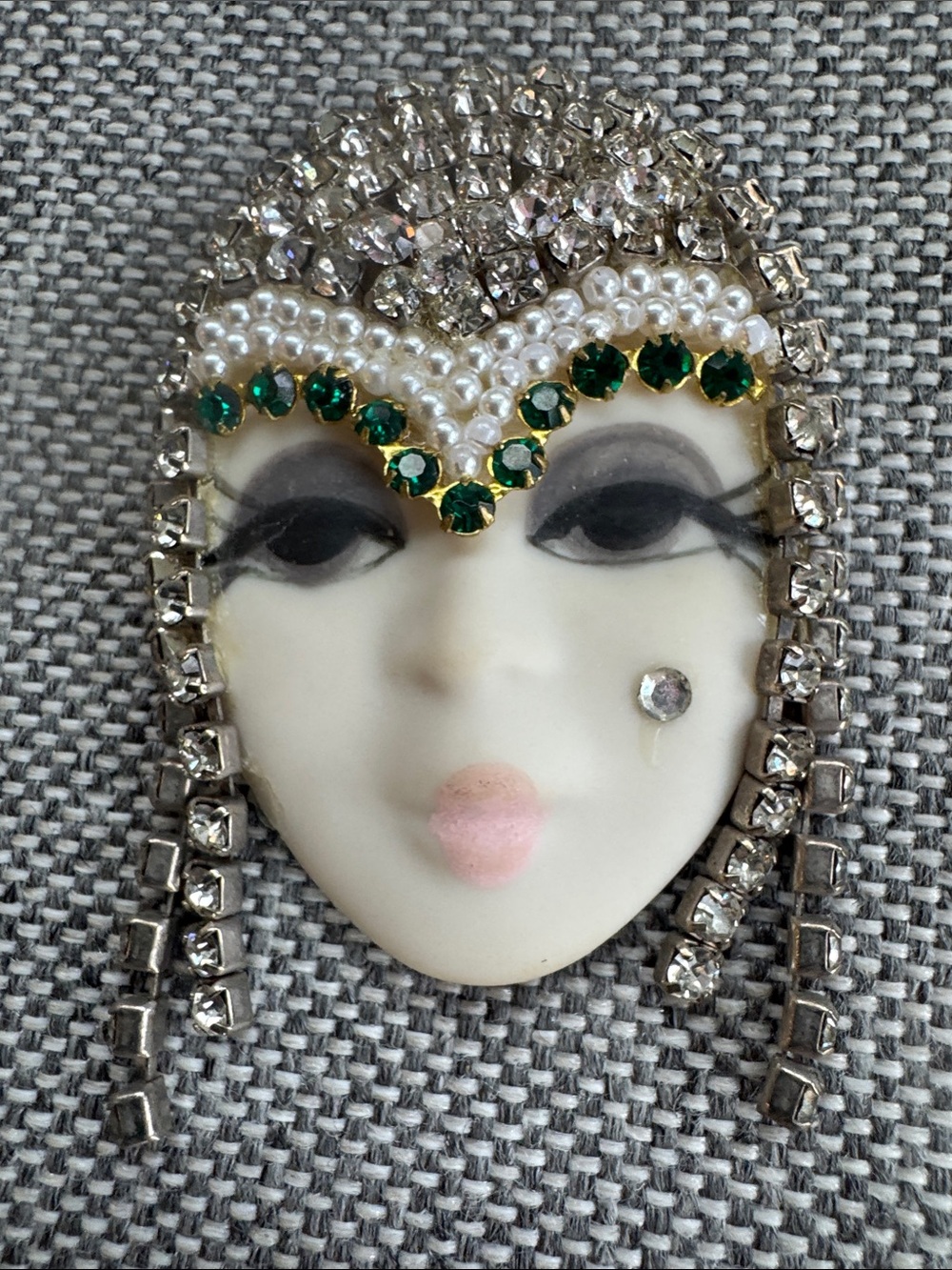 Gabriella Vantage Art Deco Porcelain Flapper Girl Face Rhinestone Brooch Pin